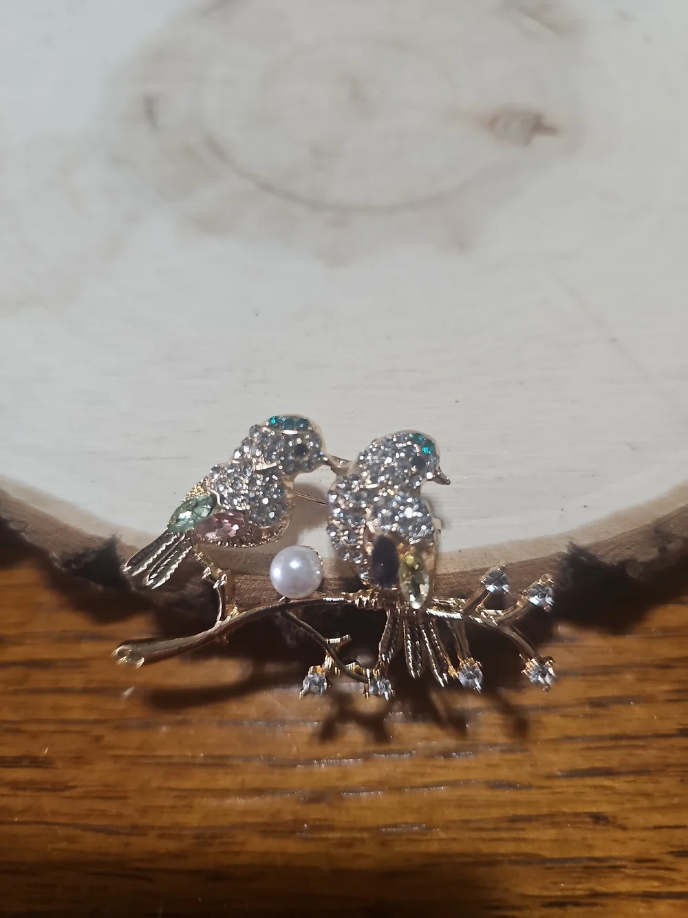 Gold-Tone Crystal Bird Brooch with Pearls and Multicolor Stones